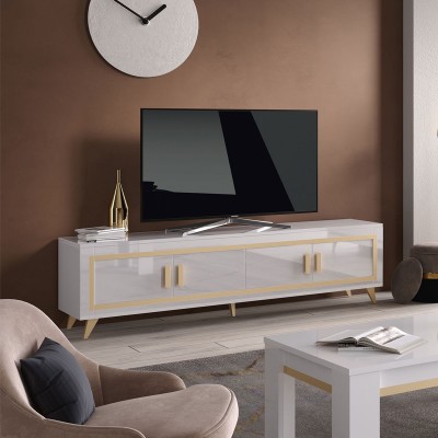 Mobile TV DORO Bianco lucido laccato con Serigrafia Oro 4 ante, 207 x 45 x h56 cm